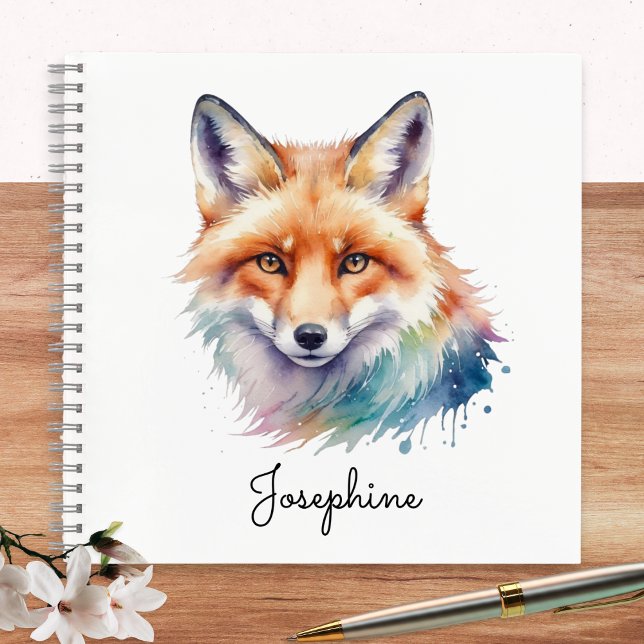 Custom Watercolor Red Fox Personalised Notebook (A personalized spiral-bound notebook, with cover illustration of a red fox in a watercolor style)