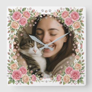 Custom Watercolor Rose Frame Cat Mum Photo Square Wall Clock