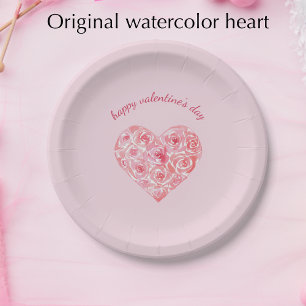 Custom Watercolor Rose Heart Valentine's Day Paper Plate