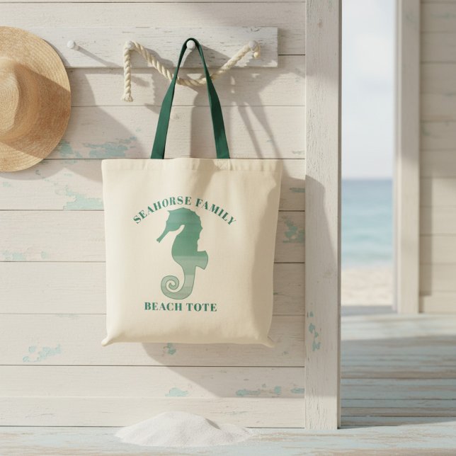 Custom Watercolor Seahorse Family Beach Tote Bag (Feel the sand under your toes! Add your name to this seahorse tote bag)