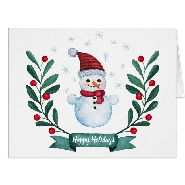 Custom Watercolor Snowman Christmas Folded Card (Front Horizontal)