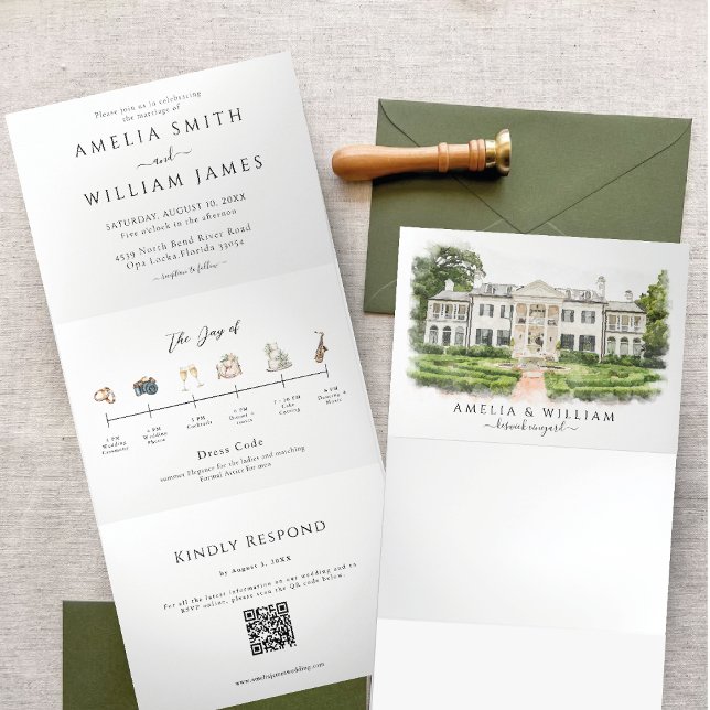 Custom Watercolor Venue Wedding Tri-Fold Invitation (Creator Uploaded)