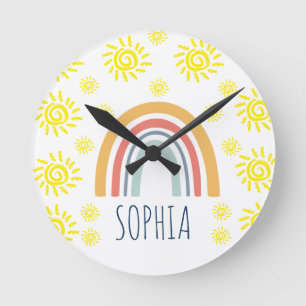 Custom Watercolor Whimsical Boho Rainbow and Sun  Round Clock