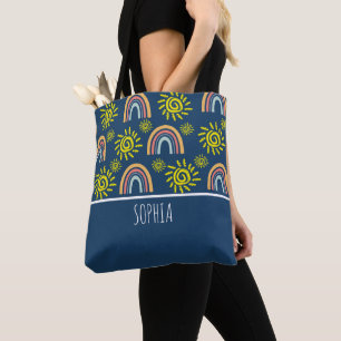 Custom Watercolor Whimsical Boho Rainbow and Sun Tote Bag