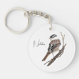 Custom  Watercolor White Crowned Sparrow Bird Key Ring