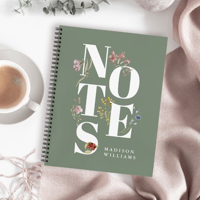 Custom Watercolor Wildflowers Floral Notes Notebook (Personalize with any name. Makes a great gift idea!)