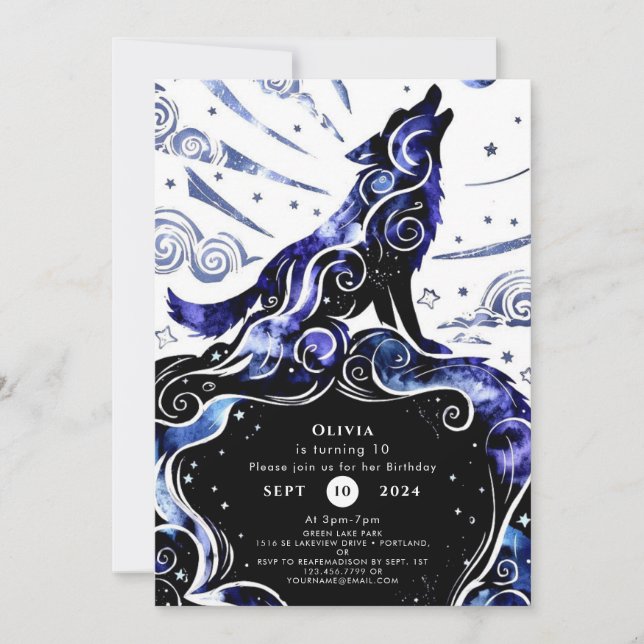 Custom Watercolor Wolf Birthday Invitation (Front)