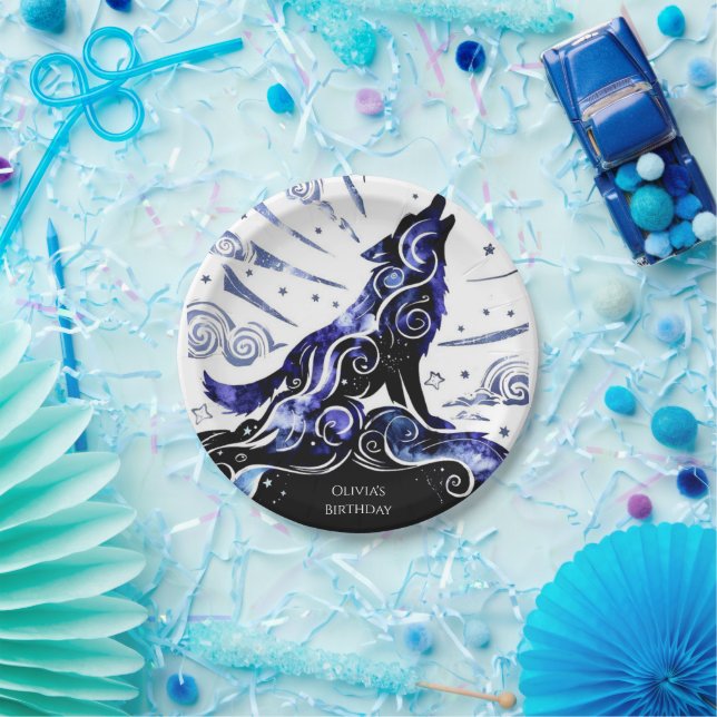 Custom Watercolor Wolf Birthday Paper Plate (Party)