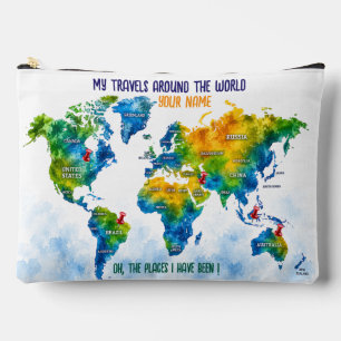 Custom Watercolor World Map Travel Accessory Pouch