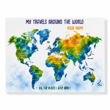 Custom Watercolor World Travel Map Foam Board Push