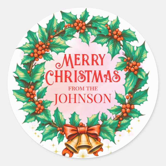 Custom watercolor wreath Merry Christmas  Classic Round Sticker (Front)