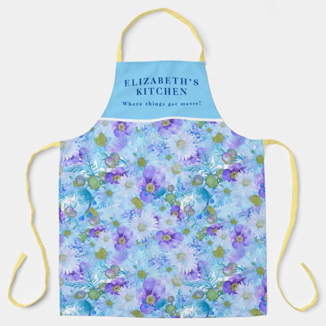 Custom Watercolour Bush Wildflower Romantic Blue Apron (Front)