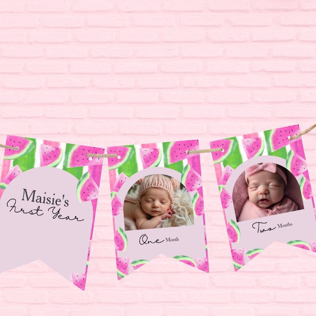 Custom Watermelon 1st Birthday 12 Photo Bunting (Custom Watermelon 1st Birthday 12 Photo Bunting Flags)