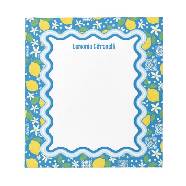 Custom Wavy Border Blue Lemons Personalized Notepad (Front)