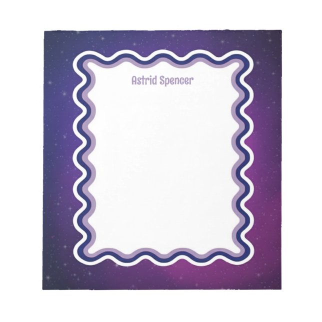 Custom Wavy Border Purple Space Stars Personalized Notepad (Front)