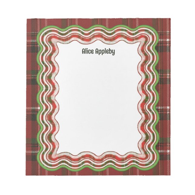 Custom Wavy Border Red Green Tartan Personalized Notepad (Front)