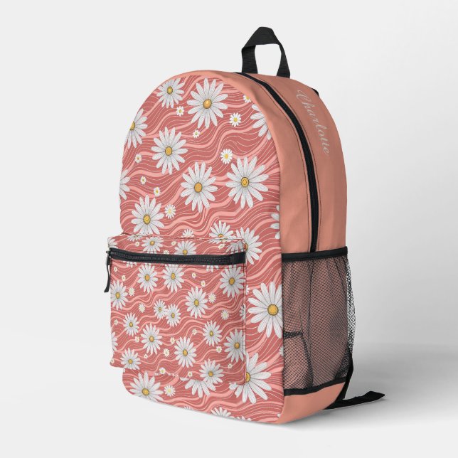 Custom Wavy Pink Daisies Printed Backpack (Back Corner Right)