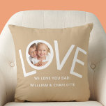 Custom We love You Dad Photo Cushion<br><div class="desc">This "We Love You Dad!" Photo Pillow is decorated with the word LOVE in white typography on a tan background.
Easily customisable with your photo and name.
Perfect as a Father's Day gift.</div>