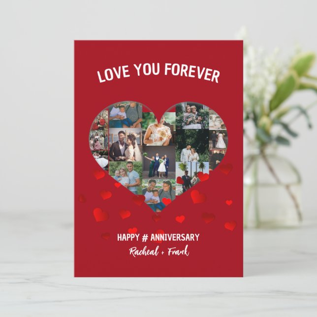 Custom Wedding Anniversary Heart Photo Collage Holiday Card (Standing Front)
