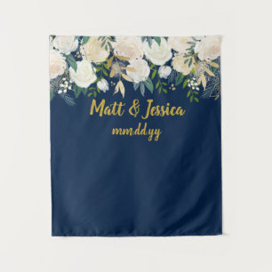 Custom Wedding Backdrop Photo Booth Navy Blue Gold Tapestry