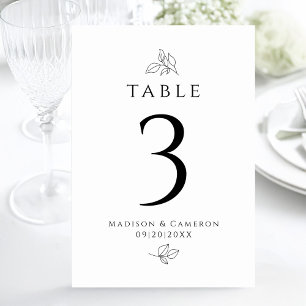 Custom Wedding Black White Leaves Foliage Elegant Table Number