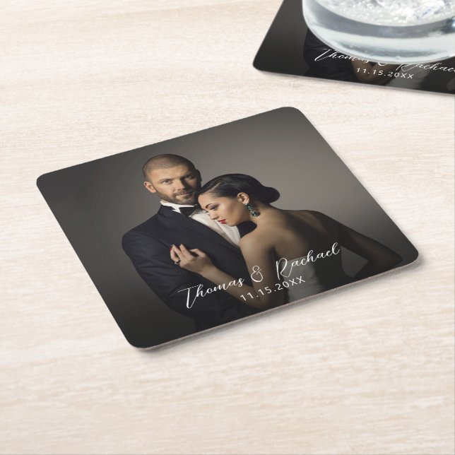 Custom Wedding Bride and Groom's Photo Square Paper Coaster (Angled)