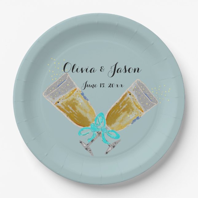 Custom Wedding Champagne Toast Teal Paper Plate (Front)