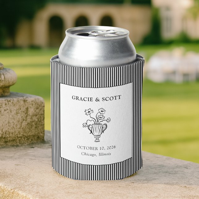 Custom Wedding Classic Black & White Stripe  Can Cooler (Creator Uploaded)