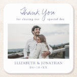 Custom Wedding Coaster Favour with Photo<br><div class="desc">This simply chic wedding coaster features words of thanks above your favourite photo and your first names and date below it. We've chosen a warm, modern script for 'Thank You' and added 'for sharing our special day' underneath, with that line separated by the the loop of the 'Y', enhancing its...</div>