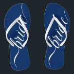 Custom Wedding Colours Bride Flip Flops Navy Blue<br><div class="desc">Elegant white "bride" with editable colour background. This template shows navy blue. Click "Customise It" and use the swatches on the right to change the background colour. The eyedropper tool gives you even more swatches, and "advanced" link opens the entire spectrum. You can also copy and paste a hex value...</div>