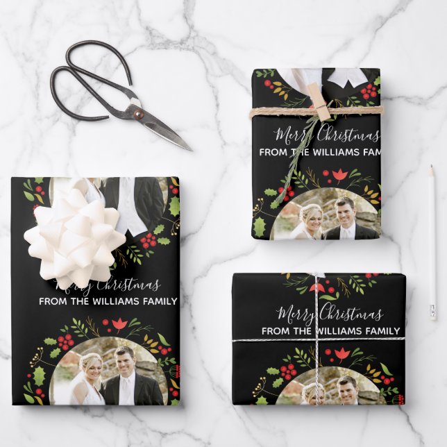 Custom Wedding Couple Christmas Photo Chic Black Wrapping Paper Sheet (Front)