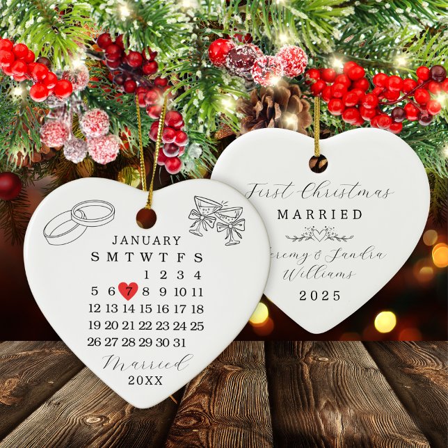 Custom Wedding Date Calendar Heart Christmas Ceramic Ornament (Custom Wedding Date Calendar Heart Christmas Ceramic Ornament
)