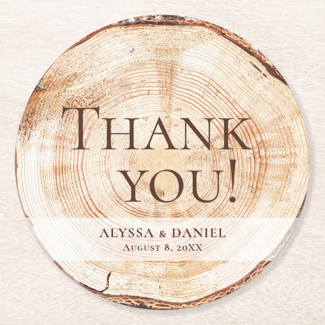 Custom Wedding favour Thank you Wood Cut Slice Round Paper Coaster (Front)