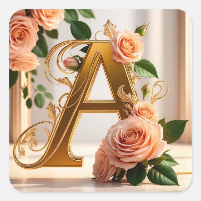 🌸 Custom Wedding Floral Monogram Letter A Gift 🎀 Square Sticker (Front)