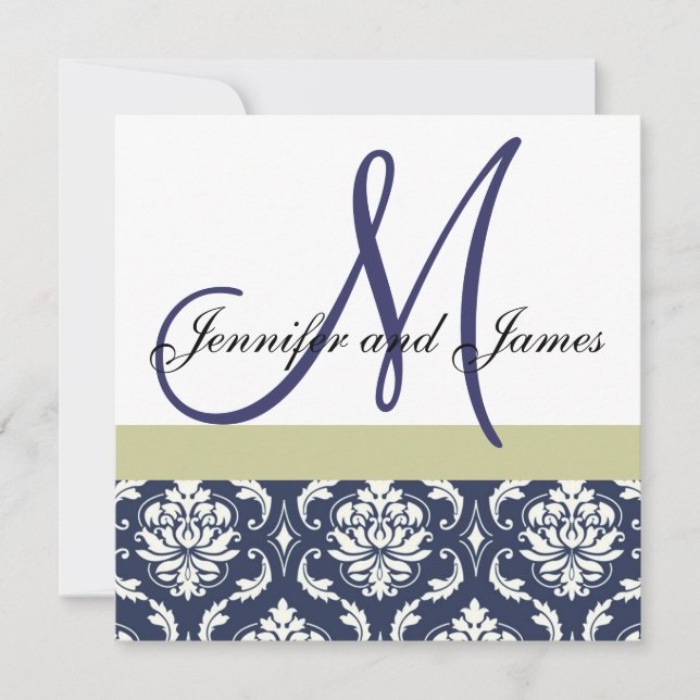 Custom Wedding Invitation Monogram Blue Damask (Front)