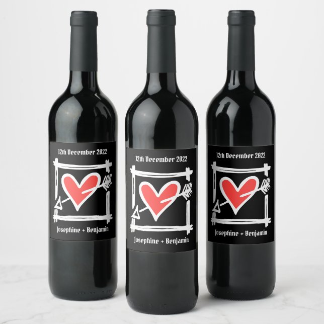Custom Wedding Love Heart Black & Red Bottle Label (Bottles)