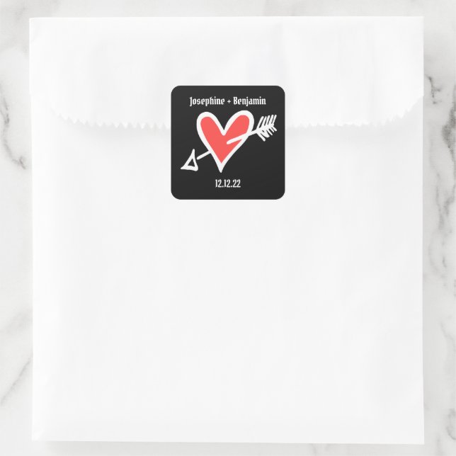 Custom Wedding Love Heart Black & Red Square Sticker (Bag)