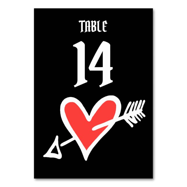 Custom Wedding Love Heart Black & Red Table Number (Front)