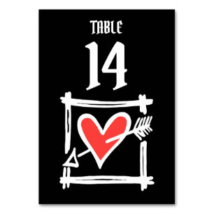 Custom Wedding Love Heart Black & Red Table Number