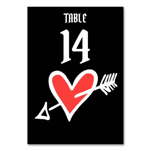 Custom Wedding Love Heart Black & Red Table Number (Front)