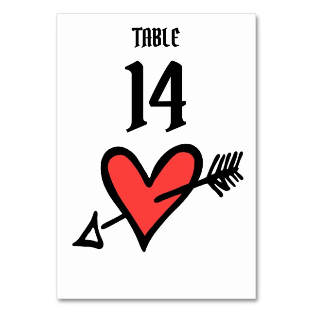 Custom Wedding Love Heart Black & Red Table Number (Front)