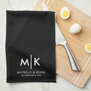 Custom Wedding Modern Monogram Initials Black Tea Towel