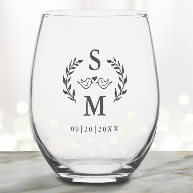 Custom Wedding Modern Monogram Wreath Crest  Grey  Stemless Wine Glass (Custom Wedding Modern Monogram Wreath Crest Gray Stemless Wine Glass)