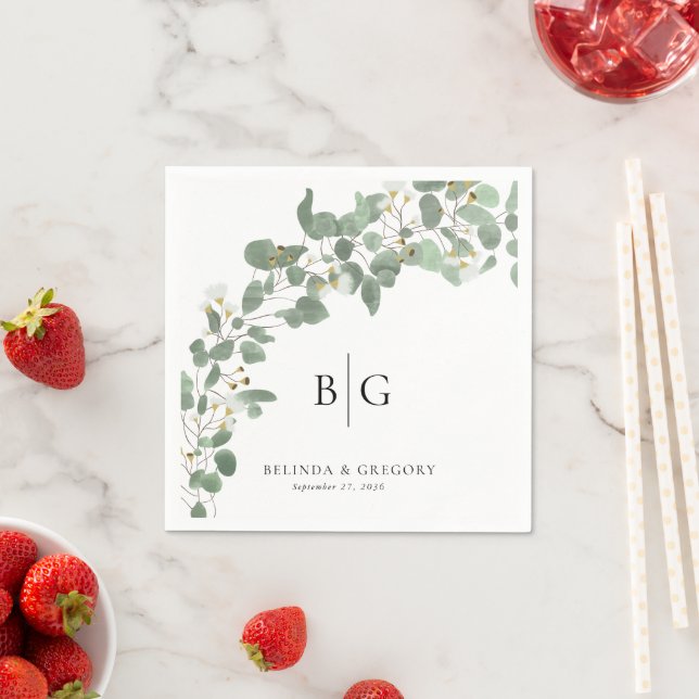 Custom Wedding Monogram Watercolor Eucalyptus Napkin (Insitu)