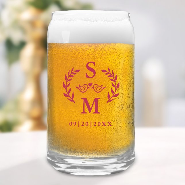 Custom Wedding Monogram Wreath Crest Magenta Red Can Glass (Custom Wedding Monogram Wreath Crest Magenta Red Can Glass)