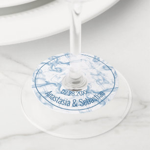 Custom Wedding Name Date Blue Smoke Wine Glass Tag