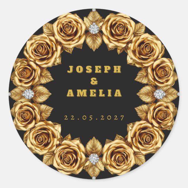 Custom Wedding Names Gold Monogram Black  Classic Round Sticker (Front)
