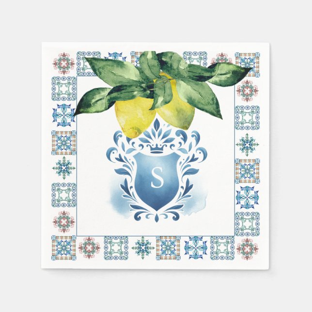 Custom Wedding Napkins Amalfi Tile and Lemons (Front)