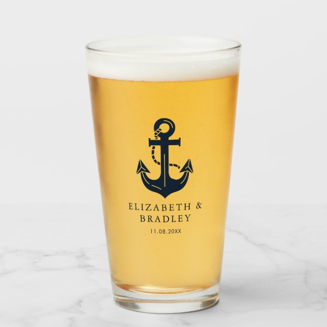 Custom Wedding Nautical Theme Navy Blue Anchor Glass (Front Filled)