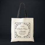 Custom wedding party tote bags for bride's crew<br><div class="desc">Cute personalised wedding tote bags for brides entourage. Custom elegant vintage wedding favour tote bags with ornate swirls. Pretty black and white design with elegant script typography and swirly corners. Personalise with name or monogram of bride and bride's crew; bridesmaid, maid of honour, maidofhonor, mother of the bride, flower girl,...</div>